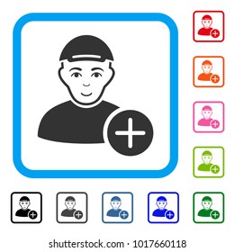 Glad Add User vector pictograph. Person face has joy feeling. Black, gray, green, blue, red, pink color versions of add user symbol inside a rounded frame. A person with a cap.