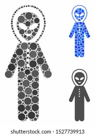 Glad alien person mosaic of filled circles in different sizes and color tinges, based on glad alien person icon. Vector filled circles are grouped into blue collage.