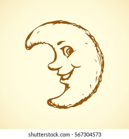 Glad animated moon isolated on white backdrop. Freehand outline black ink hand drawn picture sketchy in modern scribble style pen on paper. Side view with space for text 