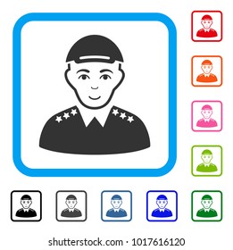 Glad Army Officer vector pictograph. Person face has positive mood. Black, gray, green, blue, red, orange color additional versions of army officer symbol in a rounded frame.