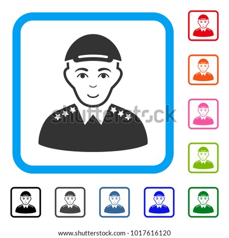 Glad Army Officer vector pictograph. Person face has positive mood. Black, gray, green, blue, red, orange color additional versions of army officer symbol in a rounded frame.