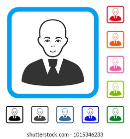 Glad Bald Clerk vector icon. Person face has joy emotions. Black, gray, green, blue, red, pink color additional versions of bald clerk symbol in a rounded rectangle.