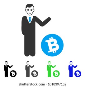 Glad Bitcoin Businessman vector icon. Vector illustration style is a flat iconic bitcoin businessman symbol with grey, black, blue, green color versions. Person face has joy sentiment.