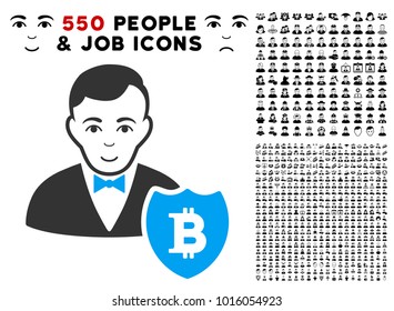 Glad Bitcoin Protector vector icon with 550 bonus pity and glad men design elements. Person face has joyful mood. Bonus style is flat black iconic symbols.