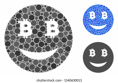Glad Bitcoin smiley mosaic of small circles in different sizes and color tints, based on glad Bitcoin smiley icon. Vector small circles are united into blue mosaic.