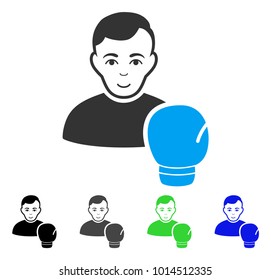 Glad Boxing Sportsman vector pictograph. Vector illustration style is a flat iconic boxing sportsman symbol with grey, black, blue, green color versions. Person face has enjoy emotions.