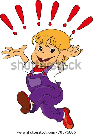 glad boy hurries with exclamation marks