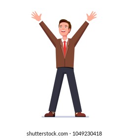 Glad business man standing with raised up hands with spread palms expressing happiness celebrating success looking up. Business man winner gesture. Flat style isolated vector character illustration