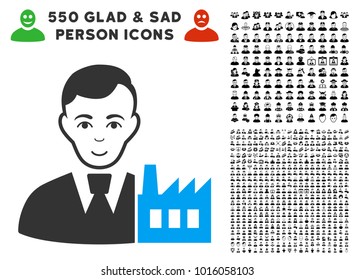 Glad Capitalist Oligarch vector pictograph with 550 bonus pitiful and glad men pictures. Human face has gladness emotions. Bonus style is flat black iconic symbols.