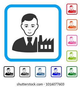Glad Capitalist Oligarch vector pictograph. Human face has smiling emotion. Black, grey, green, blue, red, orange color variants of capitalist oligarch symbol inside a rounded frame.