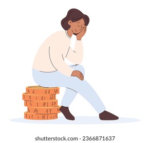 Glad Cartoon Girl sitting on a stack of huge gold coins. Woman saving money concept. Vector isolated financial flat illustration.