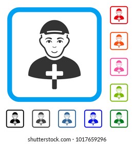 Glad Christian Monk vector pictogram. Human face has joy sentiment. Black, grey, green, blue, red, pink color additional versions of christian monk symbol inside a rounded square.