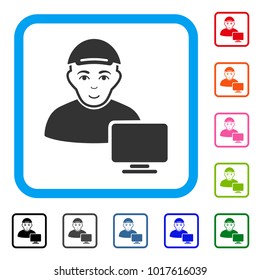 Glad Computer User vector icon. Human face has cheerful emotion. Black, grey, green, blue, red, orange color additional versions of computer user symbol inside a rounded squared frame.
