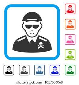 Glad Deadly Officer vector pictogram. Human face has joy expression. Black, gray, green, blue, red, pink color variants of deadly officer symbol in a rounded square. A dude wearing a cap.