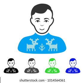 Glad Deers Pullover Boy vector icon. Vector illustration style is a flat iconic deers pullover boy symbol with gray, black, blue, green color versions. Person face has cheerful expression.