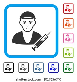 Glad Drug Dealer vector pictograph. Human face has joy mood. Black, grey, green, blue, red, pink color versions of drug dealer symbol in a rounded frame. A guy wearing a cap.