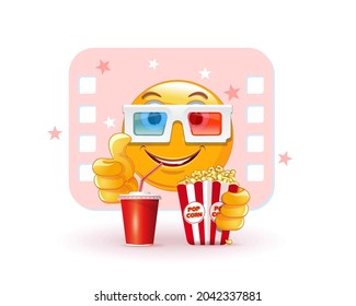 Glad emoji watching a movie with blue-red stereo glasses, drinking cola and eating popcorn. Emoticon in paper 3D glasses raises thumb up as a sign of approval. Vector illustration