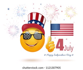 Glad emoticon face in Uncle Sams hat and the US flag in his hand. 4 July. Happy USA Independence Day. Funny emoji celebrates Independence Day. Vector illustration