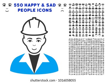 Glad Engineer vector pictogram with 550 bonus pitiful and glad men pictographs. Human face has joy mood. Bonus style is flat black iconic symbols.