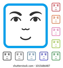 Glad Face vector icon. Person face has smiling emotion. Black, grey, green, blue, red, pink color variants of face symbol inside a rounded squared frame.