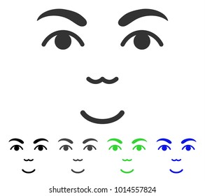 Glad Face vector pictograph. Vector illustration style is a flat iconic face symbol with gray, black, blue, green color versions. Person face has glad expression.