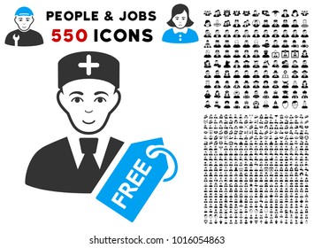 Glad Free Doctor vector icon with 550 bonus pity and glad user pictures. Human face has enjoy sentiment. Bonus style is flat black iconic symbols.