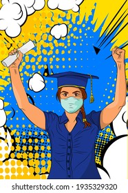 Glad Girl wearing graduation cap and face mask, holding a college degree in her hand and cheering. College University or High School Graduation ceremony.