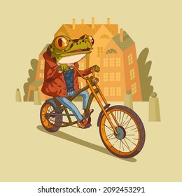 Glad hipster frog on a bike, vector illustration. Anthropomorphic frog. Cheerful trendy dressed frog riding a chopper bicycle against town buildings. Animal character with human body. Furry artwork