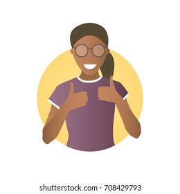 Glad, joyful, cheerful black girl in glasses. Flat gradient icon of woman with thumbs up. Simply editable isolated on white vector sign