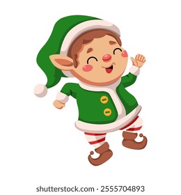 Glad little elf dancing on Christmas party flat color vector character. Happy little man celebrating New Year illustration on white background