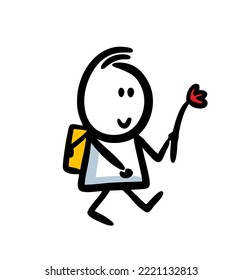 Glad little pupil going to the school with flower for the thatcher. Vector doodle child character walking for the knowledges.