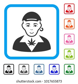 Glad Marihuana Dealer vector icon. Person face has glad emotion. Black, grey, green, blue, red, pink color additional versions of Marihuana dealer symbol in a rounded rectangle.