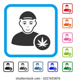 Glad Marihuana Dealer vector pictograph. Human face has smiling emotion. Black, gray, green, blue, red, pink color versions of Marihuana dealer symbol in a rounded frame. A man dressed with a cap.