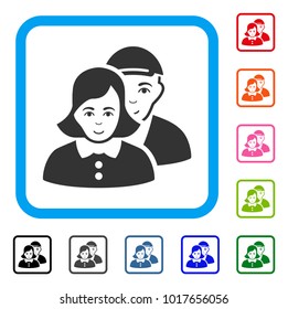 Glad People Couple vector icon. Person face has joy mood. Black, grey, green, blue, red, orange color variants of people couple symbol inside a rounded squared frame. A guy with a cap.