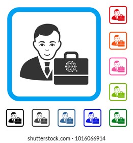 Glad Qtum Accounter vector pictogram. Human face has joyful emotion. Black, gray, green, blue, red, orange color variants of qtum accounter symbol inside a rounded squared frame.