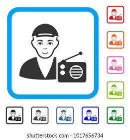 Glad Radio Dj vector pictogram. Human face has cheerful mood. Black, grey, green, blue, red, pink color additional versions of radio dj symbol in a rounded rectangular frame.