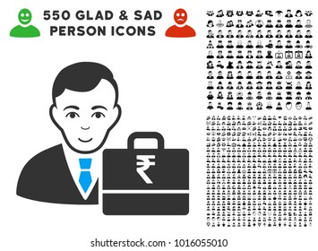 Glad Rupee Accounter vector icon with 550 bonus pitiful and glad men pictographs. Person face has joy expression. Bonus style is flat black iconic symbols.