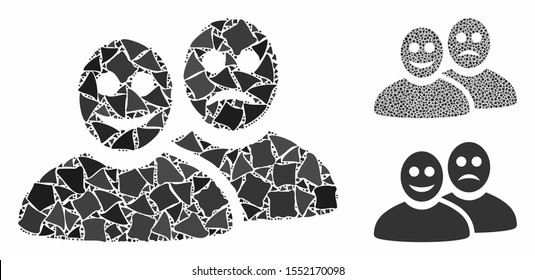Glad and sad people composition of bumpy parts in different sizes and color tones, based on glad and sad people icon. Vector uneven parts are combined into collage.