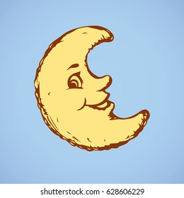 Glad see animated luna isolated on blue backdrop. Freehand outline orange ink hand drawn picture sketchy in modern art scribble style pen on paper. Side view with space for text