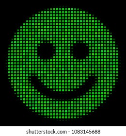 Glad smile halftone vector icon. Illustration style is dot iconic glad smile symbol on a black background. Halftone texture is build with circle pixels.