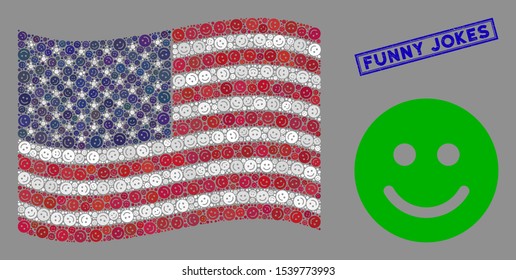 Glad smile items are combined into United States flag collage with blue rectangle grunge stamp watermark of Funny Jokes caption.
