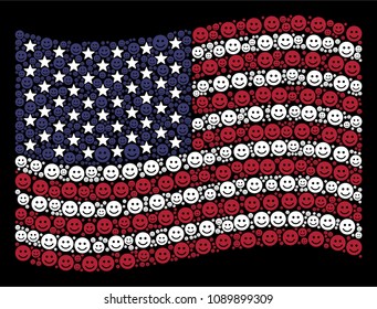 Glad smile items are grouped into waving American flag abstraction on a dark background. Vector collage of USA state flag is organized of glad smile items.
