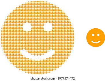 Glad smiley halftone dotted icon illustration. Halftone array contains circle points. Vector illustration of glad smiley icon on a white background. Flat abstraction for glad smiley object.
