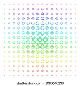 Glad Smiley icon rainbow colored halftone pattern. Vector glad smiley pictograms organized into halftone grid with vertical spectral gradient. Designed for backgrounds, covers and abstract effects.