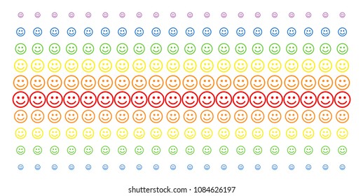 Glad Smiley icon rainbow colored halftone pattern. Vector pictograms arranged into halftone array with vertical spectrum gradient. Designed for backgrounds, covers, templates and abstraction concepts.