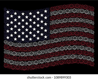 Glad smiley items are arranged into waving USA flag stylization on a dark background. Vector collage of USA state flag is done of glad smiley items. Designed for political and patriotic posters.