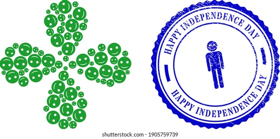 Glad smiley twirl twist, and blue round HAPPY INDEPENDENCE DAY dirty watermark with icon inside. Object twist created from oriented glad smiley symbols. Vector flower collage in flat style.