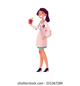 Glad, smiling female dietitian holding weigh scales and apple, cartoon vector illustration isolated on white background. Female dietician, nutrition, dieting expert, health care professional