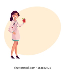 Glad, smiling female dietitian holding weigh scales and apple, cartoon vector illustration on background with place for text. Female dietician, nutrition, dieting expert, health care professional