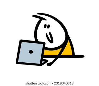 Glad stick figure boy sitting at the table with computer, studying online.  Vector illustration of lesson in internet. Vector illustration Cartoon stickman isolated on white background.